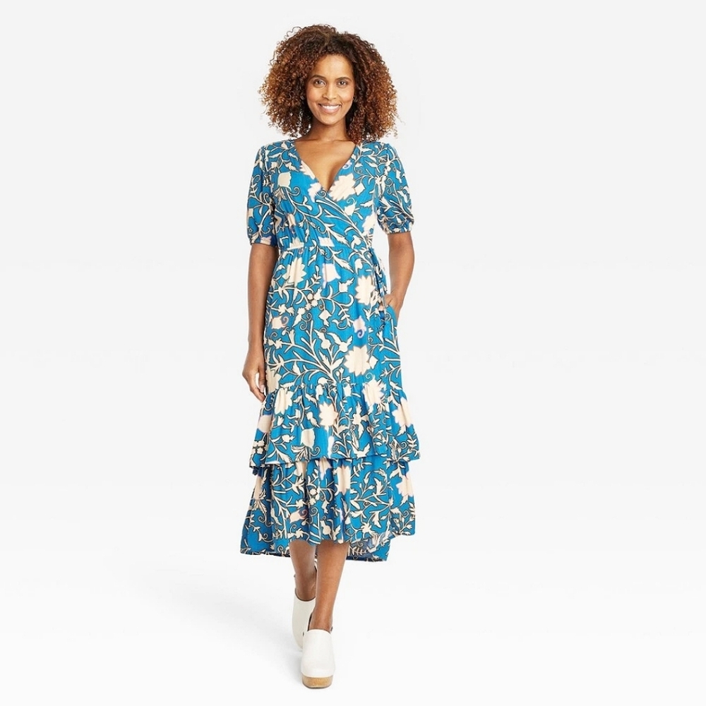 Knox Rose Midi Floral Wrap Dress Short Sleeves Tiered Ruffle Teal Cream sz Small